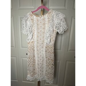 White Crochet Lace Dress‎ Round Neck Short Sleeve Party Cocktail Women's